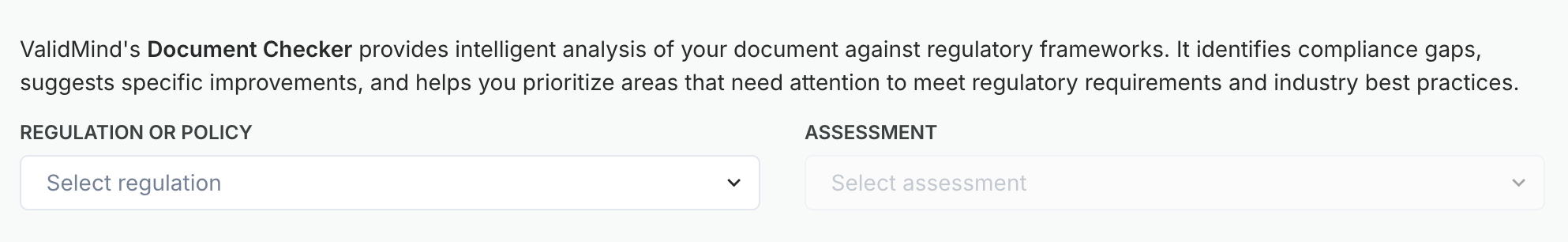 A screenshot showing the Regulation or Policy and Assessment dropdowns in the Document Checker